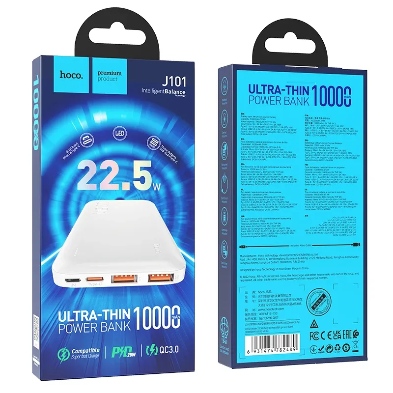 Hoco J101 Astute 10000mAh – Power Bank Ultra-Fine Charge Rapide 22,5W | Zorando Algérie